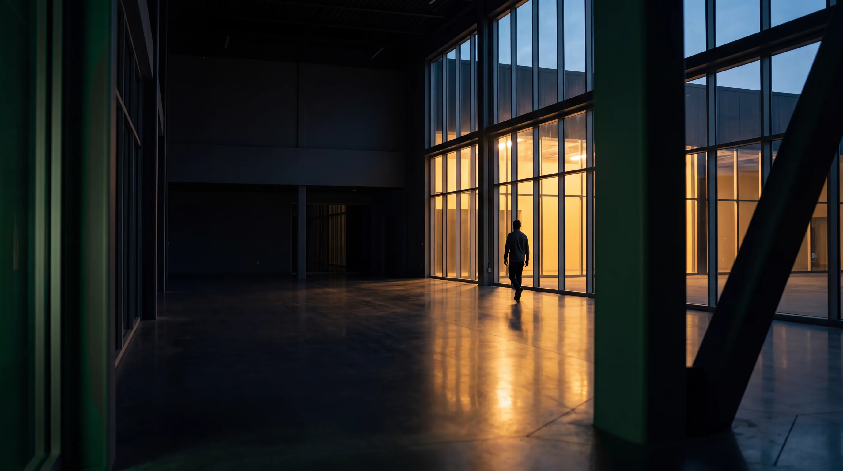 Una persona camina hacia la luz en una oficina amplia