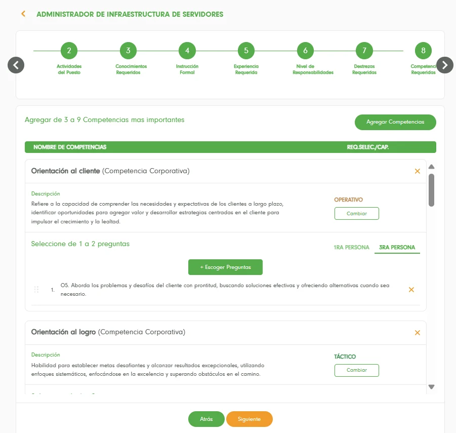 Competencias requeridas con niveles y preguntas de evaluación