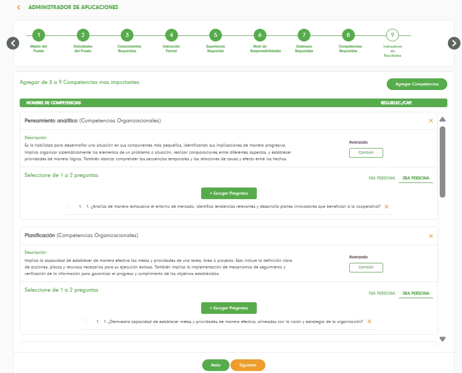 Competencias con descripción, nivel y preguntas