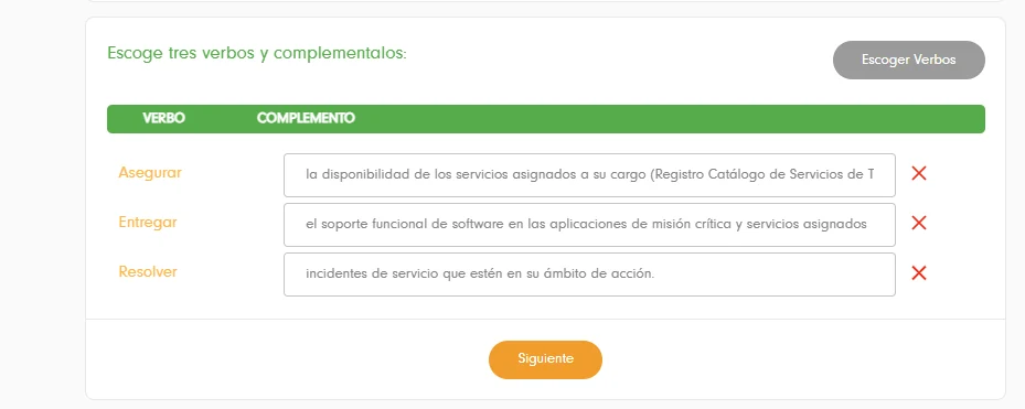 Misión del puesto: escoger tres verbos con su complemento
